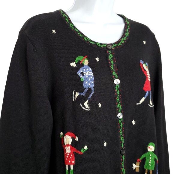 NEW Appleseeds Christmas Holiday Cardigan Sweater L People Ice Skater Snowballs - Picture 2 of 4